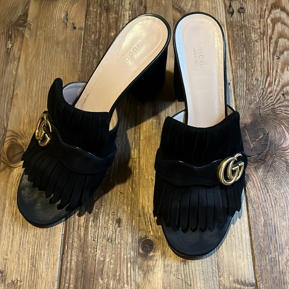 Gucci Black Suede GG Marmont Fringe Slide Sandals - Picture 5 of 13
